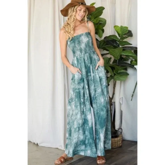 SOLD OUT Green Tie Dye Wide Palazzo Flare Leg Smocked Bohemian Casual Jumpsuit - Picture 7 of 13